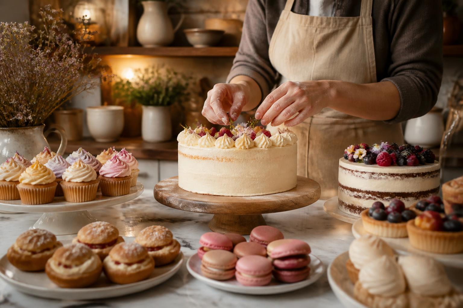 Baker decorating cakes and pastries