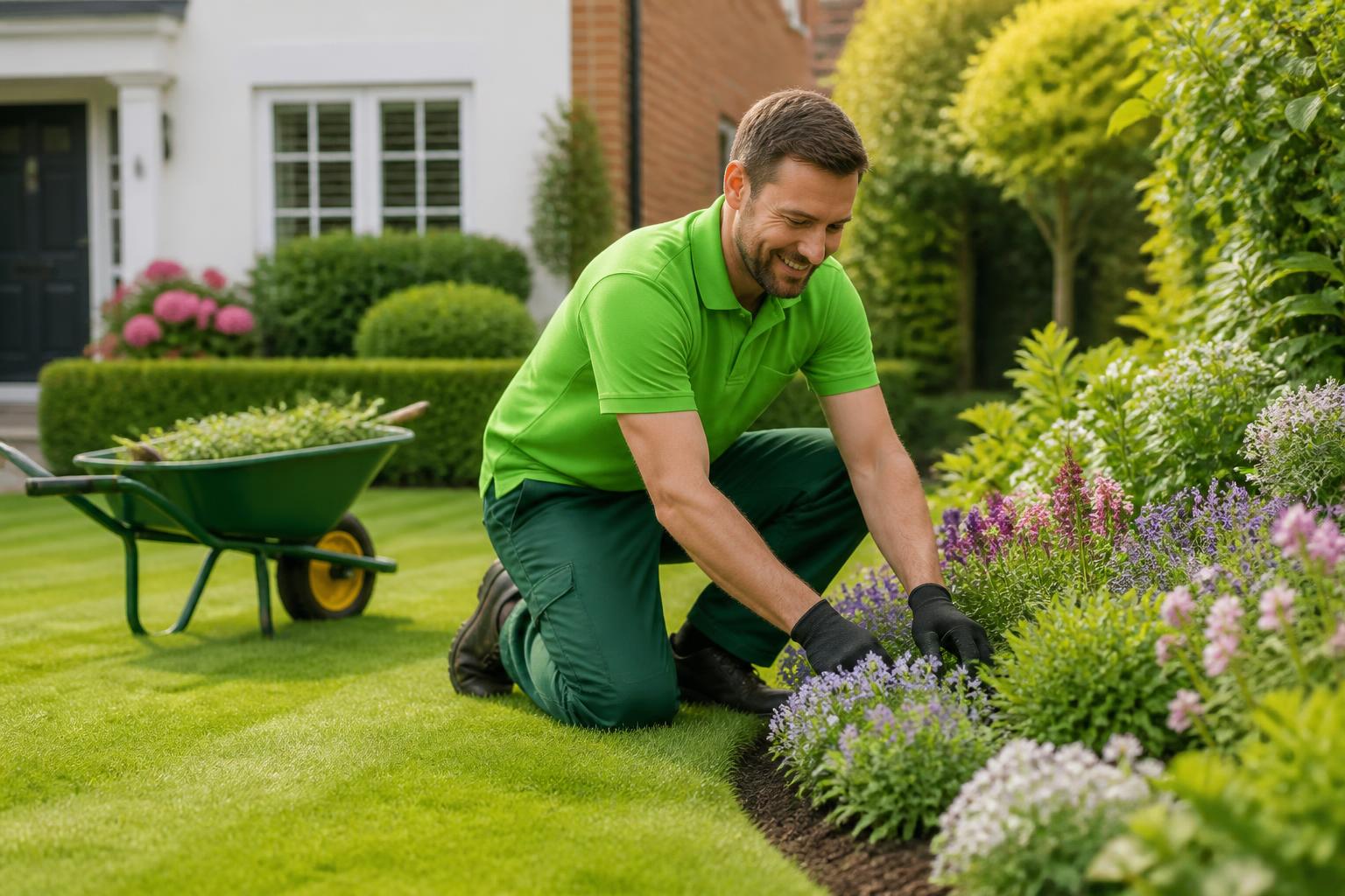 Gardener tending a well-kept residential garden