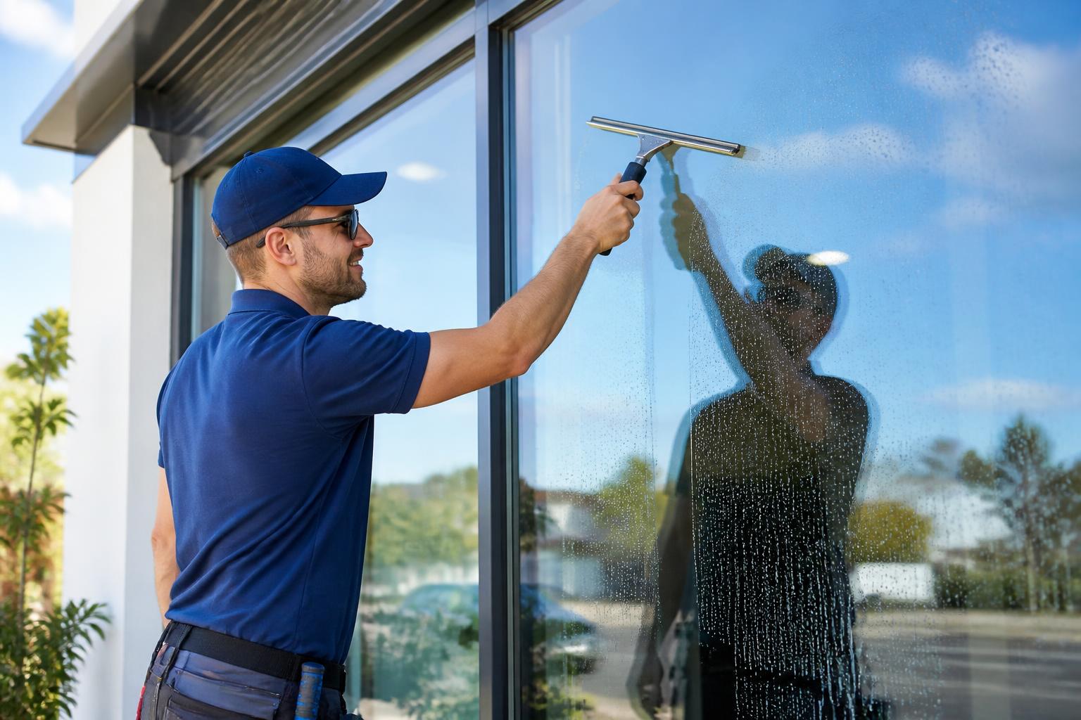 Window cleaner washing a modern glass window
