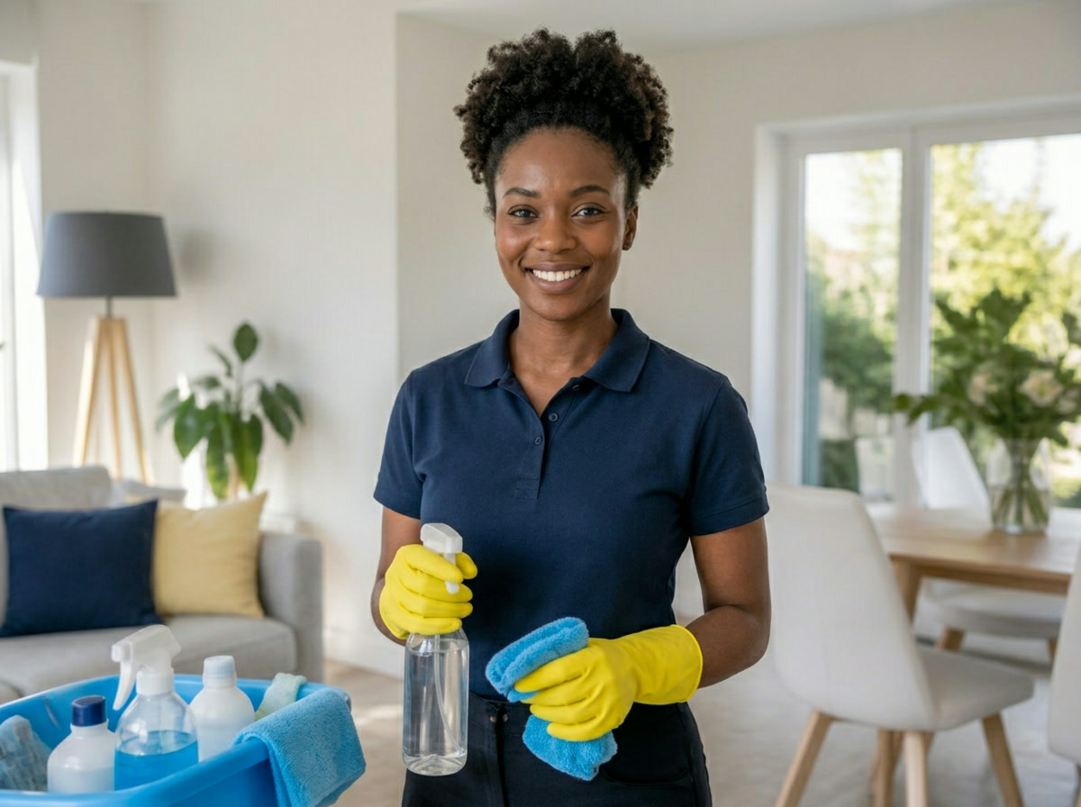 Professional cleaner working in a bright home